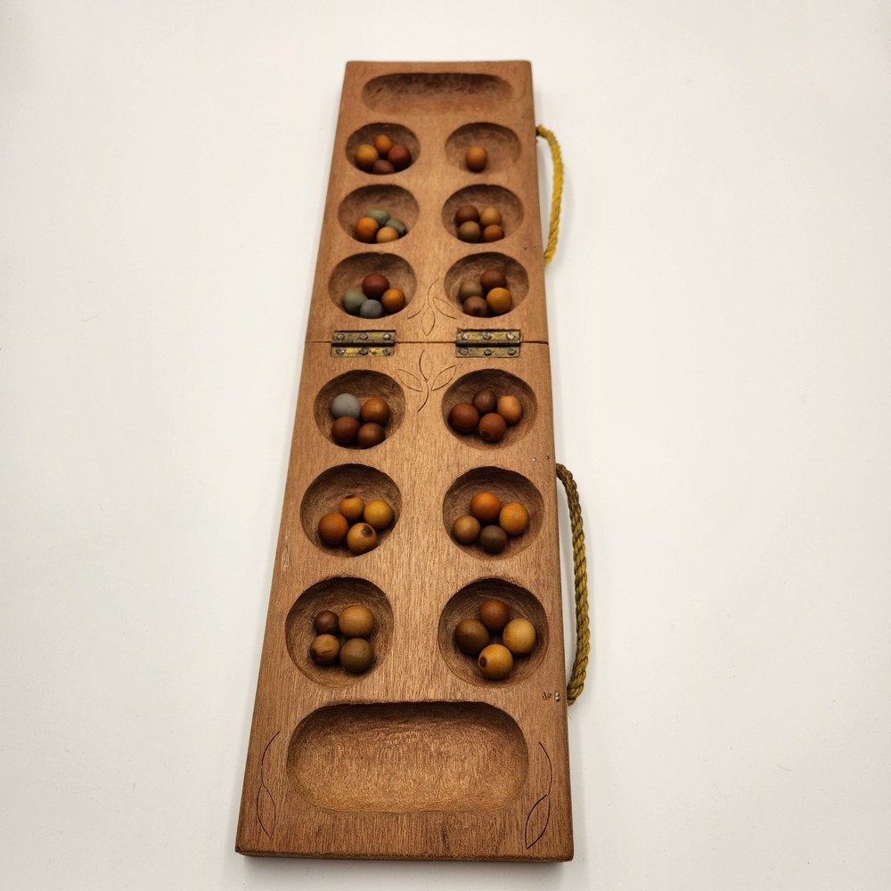 Handmade Wooden Mancala Board Game African Strategy Folding Travel Set Carved